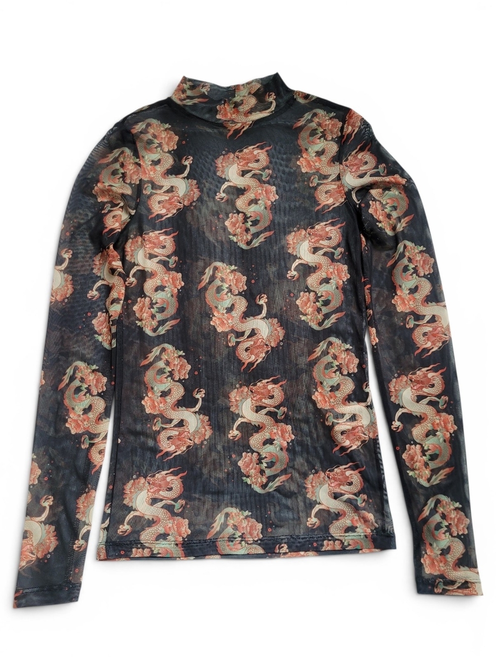 Vintage Dragon Print Mesh Long Sleeved Top Y2K Tattoo Black XS